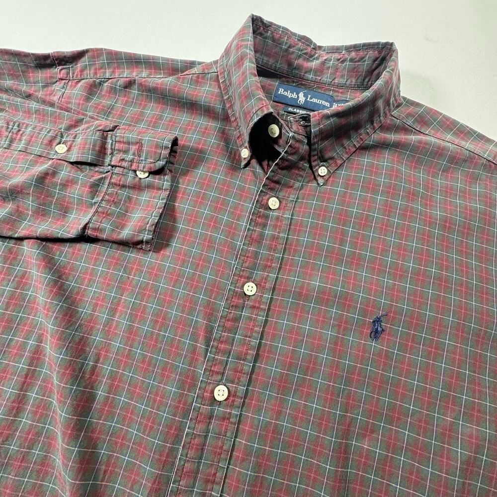 Polo Ralph Lauren Classic Fit Red Green Plaid Cotton Button Down Shirt XL Men